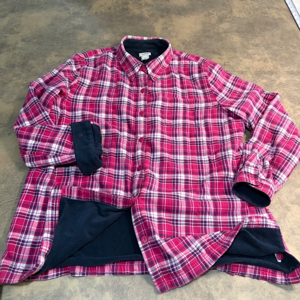 L.L.Bean Fleece Lined Flannel Shirt Womens Large Pink Plaid Button Down Shacket